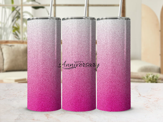 Pink and white glitter tumbler with "Happy Anniversary" text.