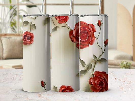 Three tumblers with red rose and vine design on a cream background.