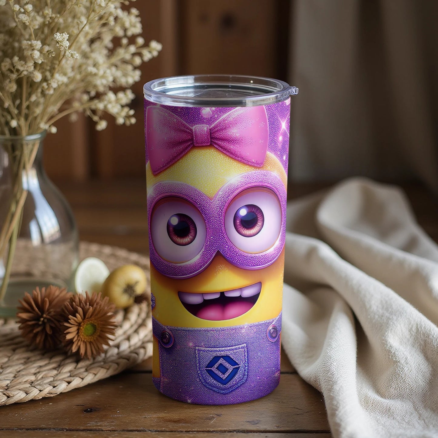 Glittery Pink Bow Minion Themed Tumbler Product
