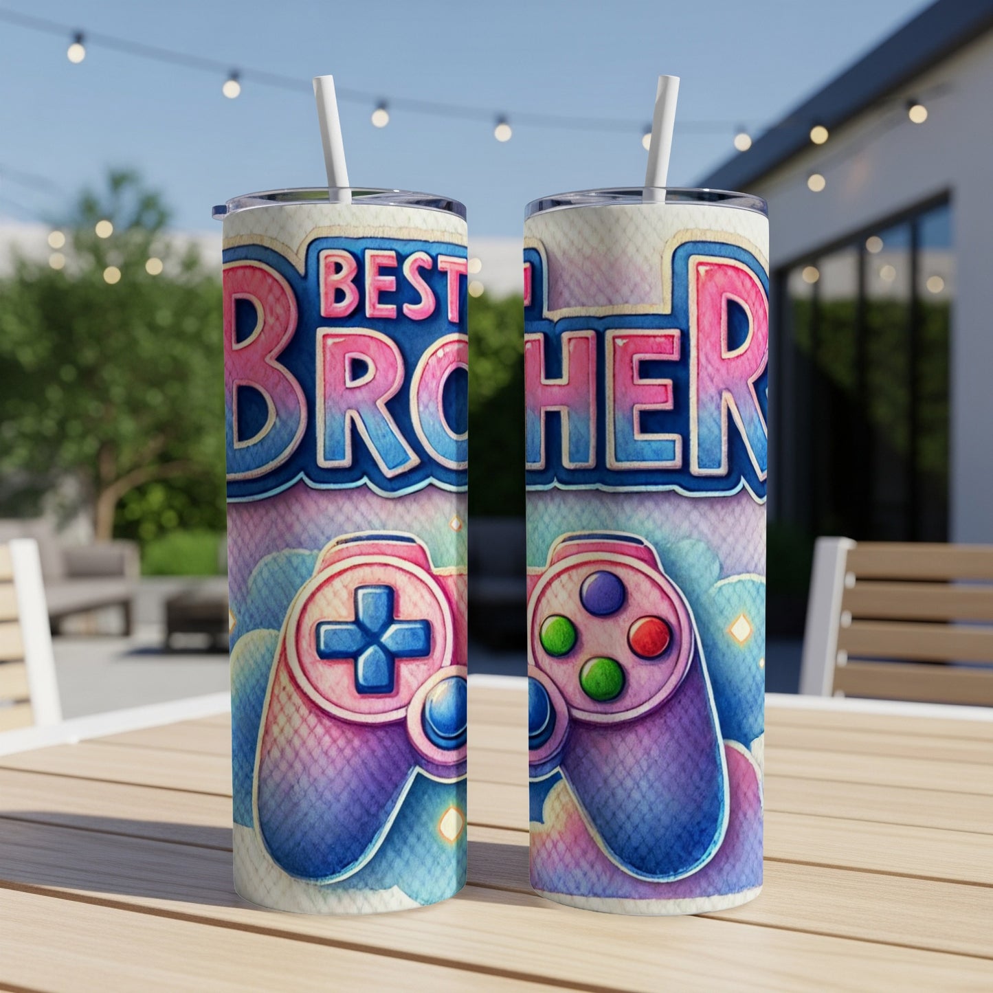 Two tumblers with "Best Brother" text and colorful video game controllers.