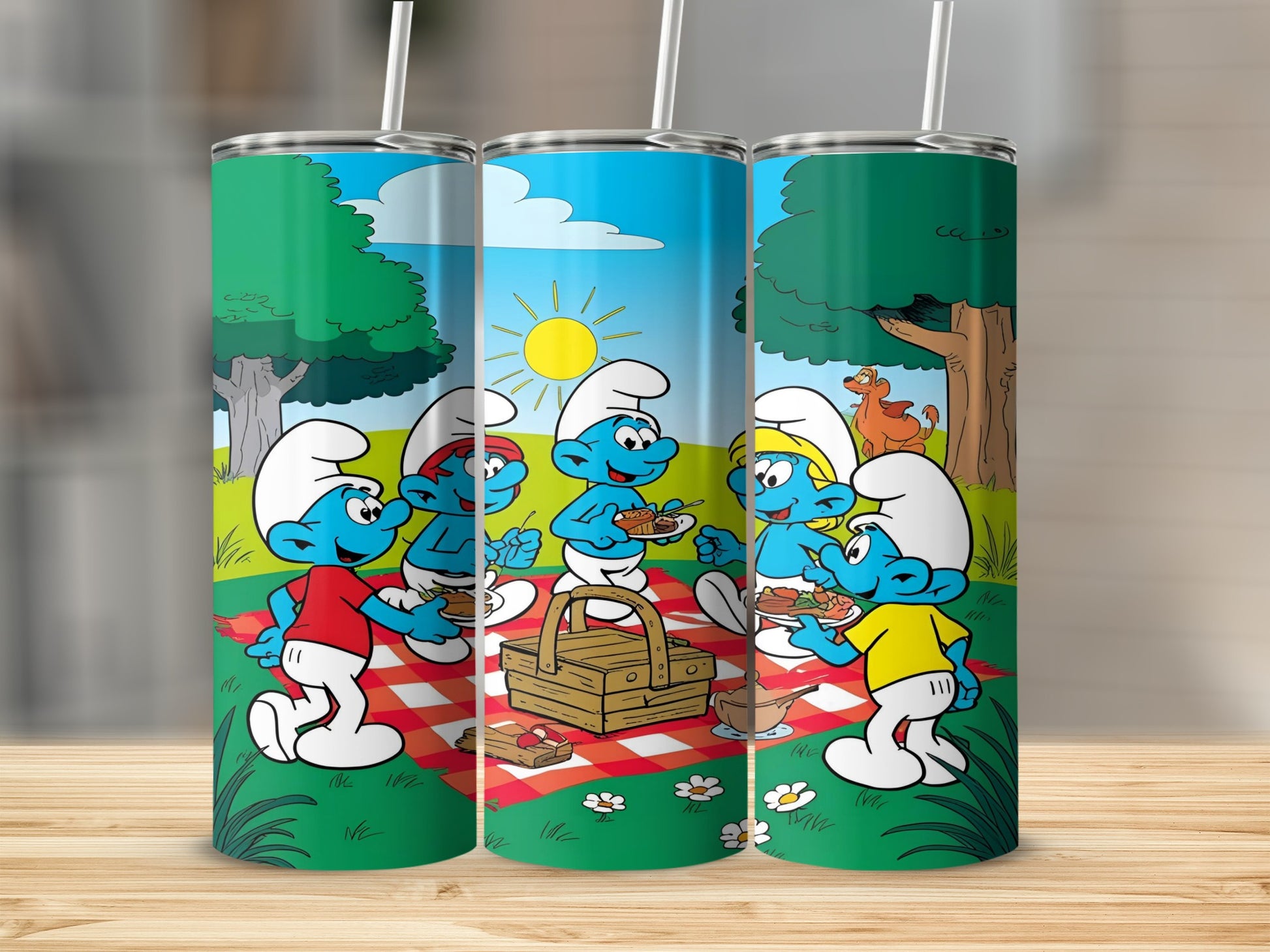Smurfs having a picnic with basket and sun in a wooded clearing.