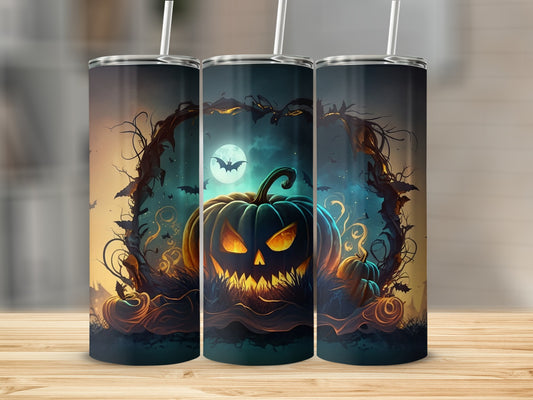 Three tumblers display a spooky Halloween scene with a jack-o'-lantern, bats, and a full moon.