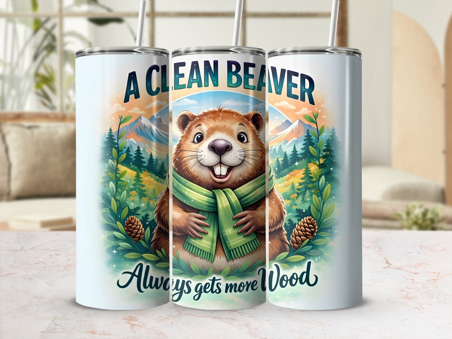 A clean beaver wearing a scarf, with pine trees and mountains.