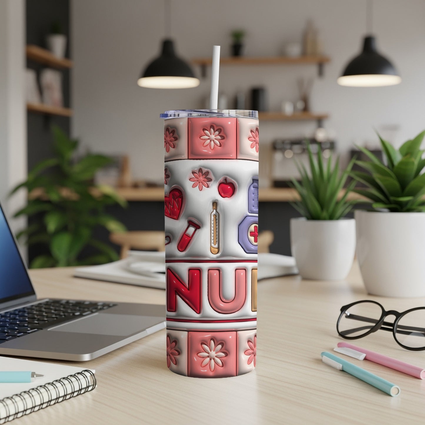 Nurse-themed tumbler with medical icons and text.