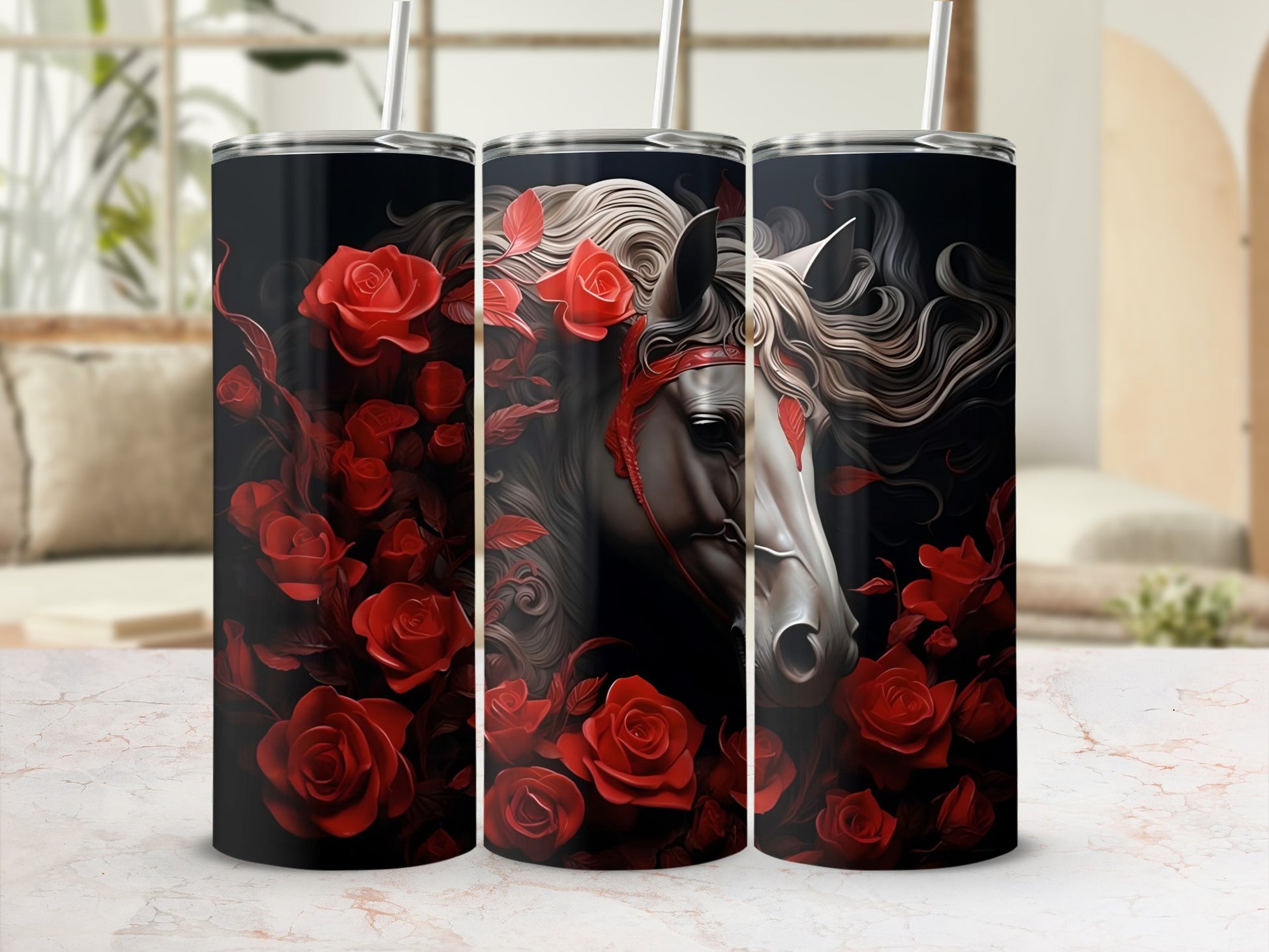 Elegant Horse and Red Roses Pattern Tumbler