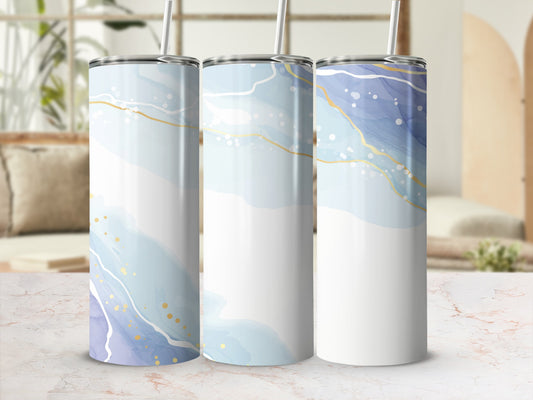 Three tumblers with abstract blue and white watercolor design and gold accents.