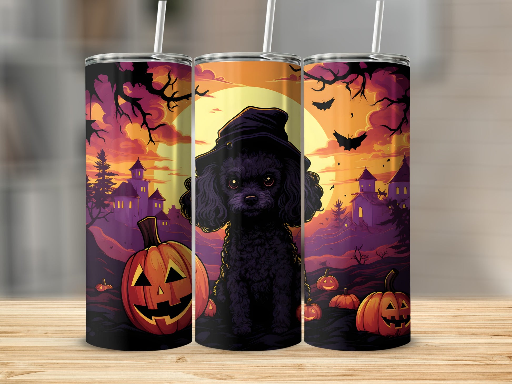 Black poodle in witch hat with pumpkins and haunted houses at sunset.