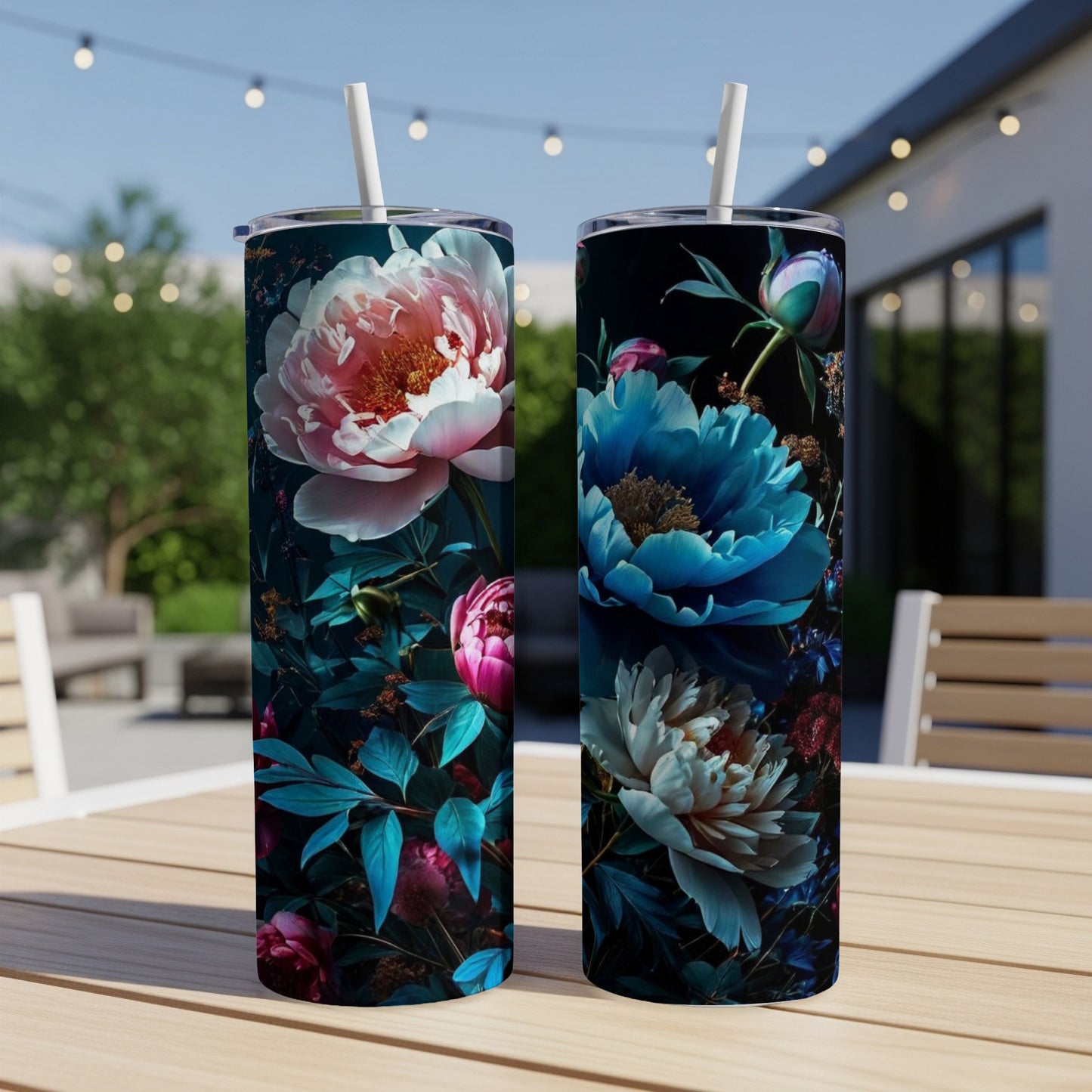Two tall tumblers with pink and blue peony floral designs.