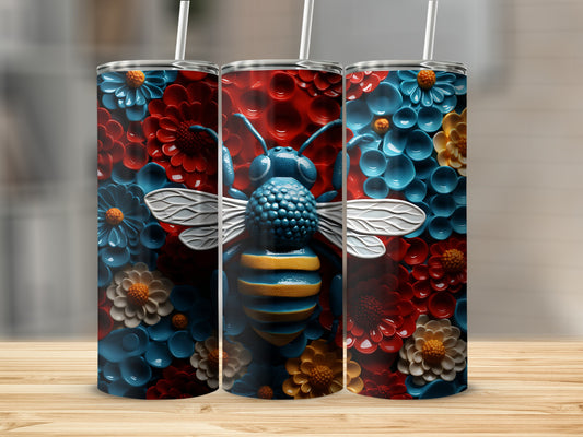 Three tumblers with a 3D bee and floral pattern.