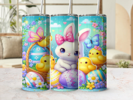 Easter bunny, chicks, eggs, and butterflies in a spring basket design.