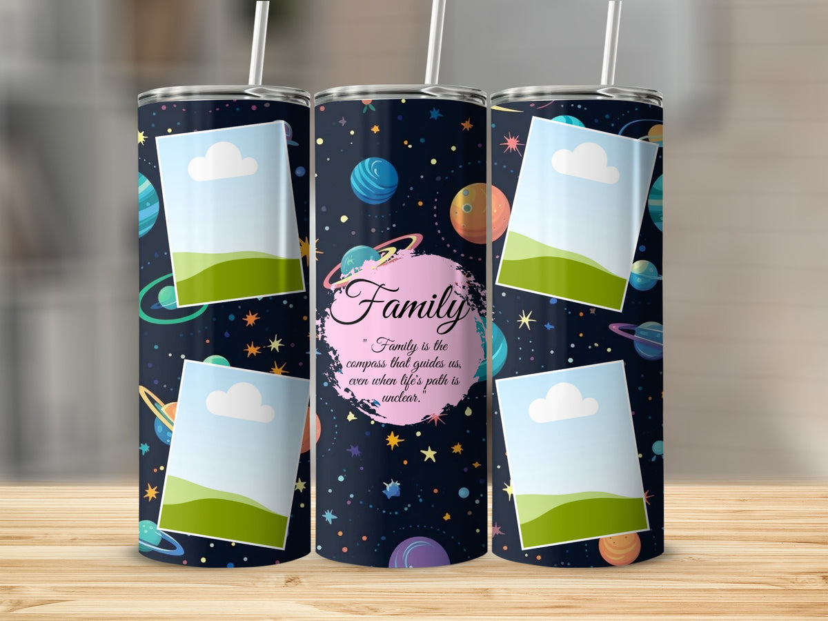 Tumblers with space theme, photo placeholders, and "Family" quote.
