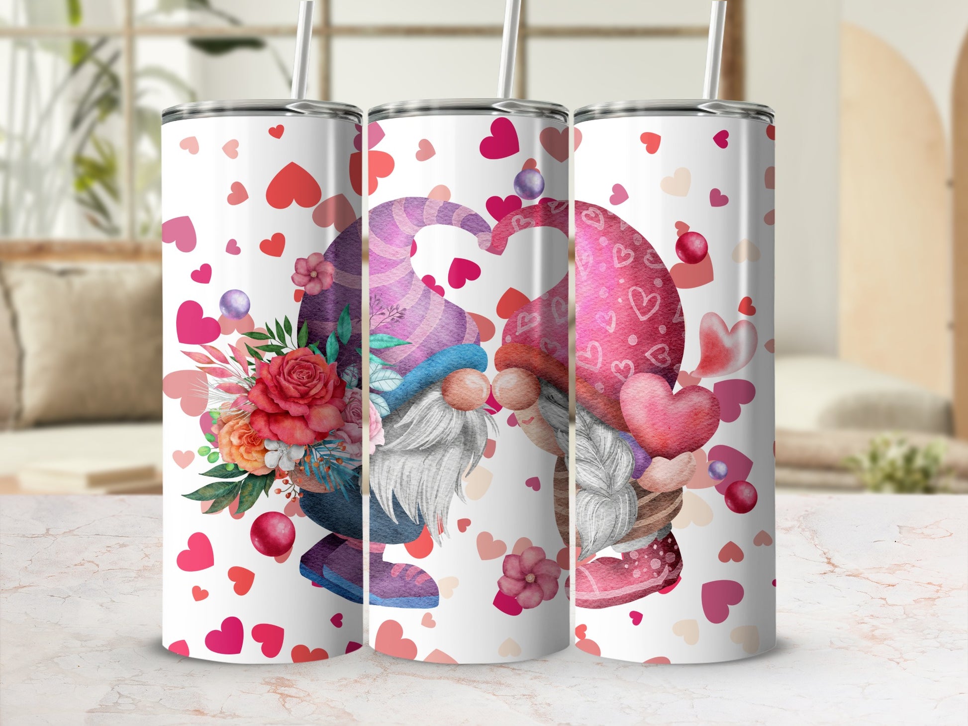 Cute Couple Gnomes with Hearts Pattern Tumbler
