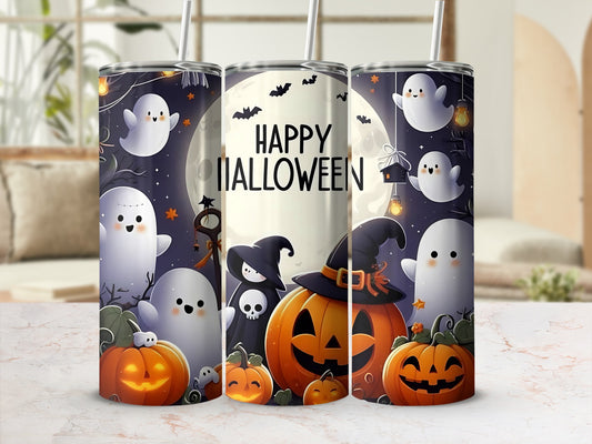 Cute Halloween ghosts, pumpkins, and bats with "Happy Halloween" text.