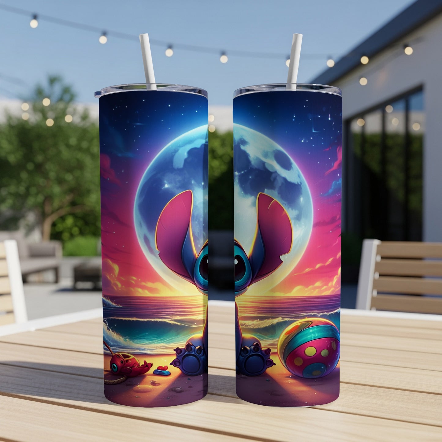 Two tall tumblers featuring Stitch on a beach with a large moon.