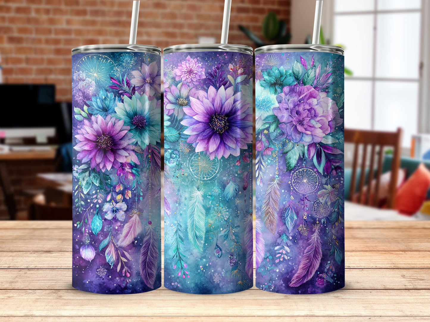 Vibrant Floral and Dreamcatcher Design Tumbler