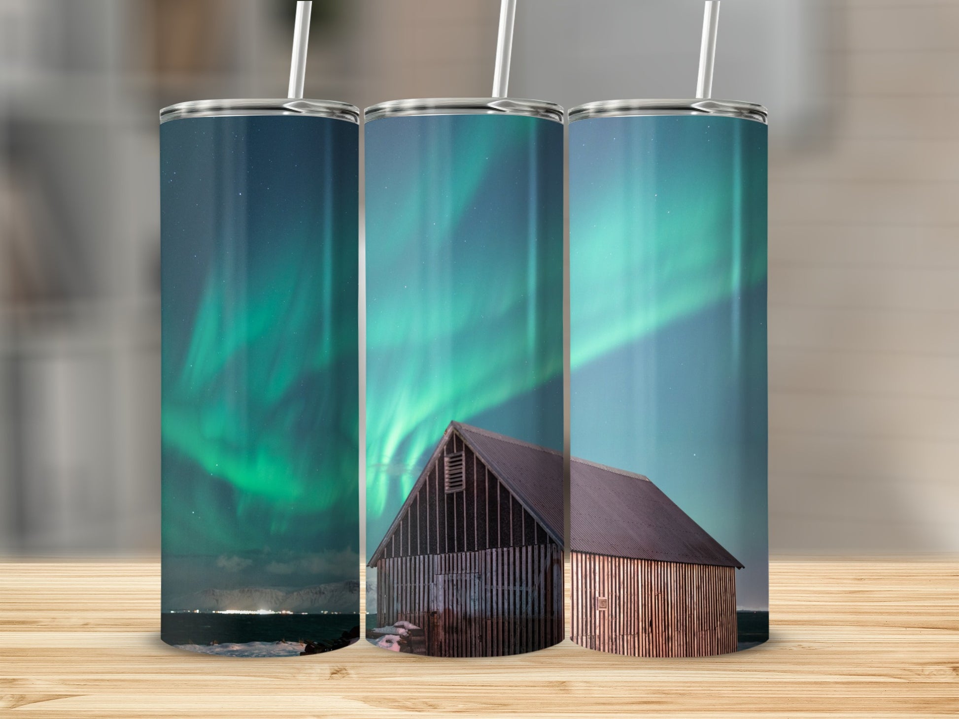 Northern Lights Barn Scene Custom Tumbler Product
