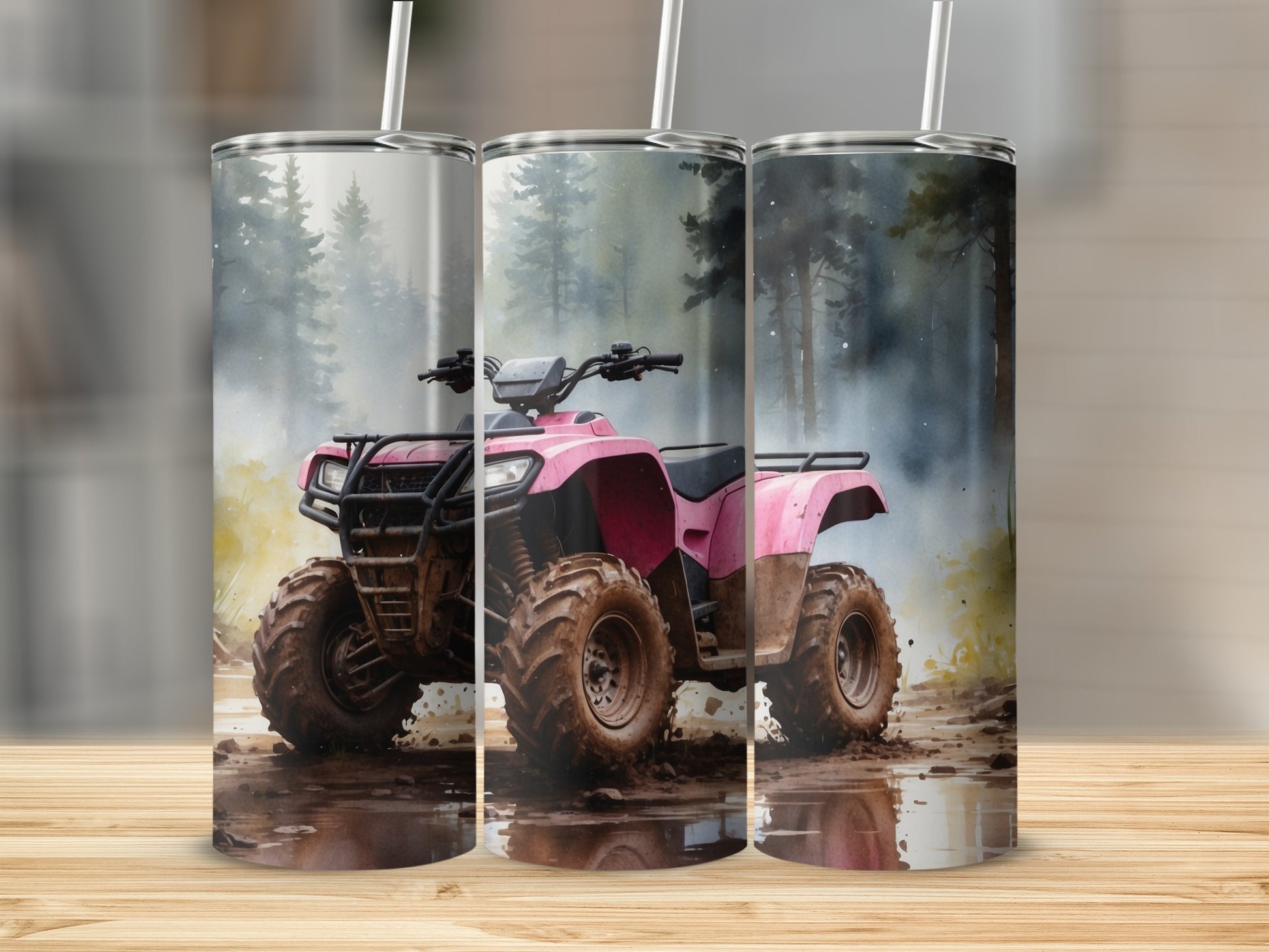 Pink ATV on muddy trail with trees in watercolor style.