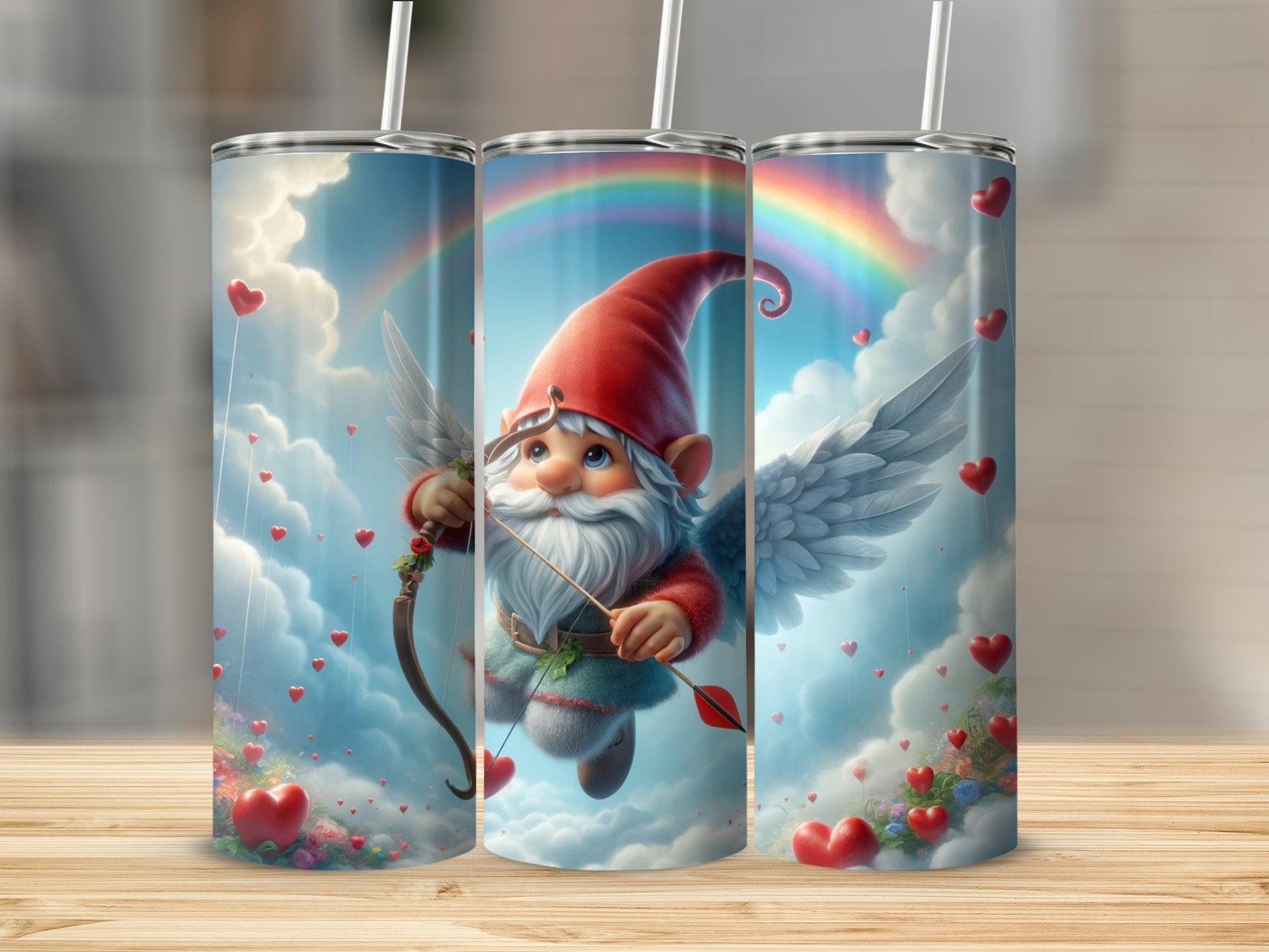 Cupid Gnome with Angel Wings and Rainbow Tumbler