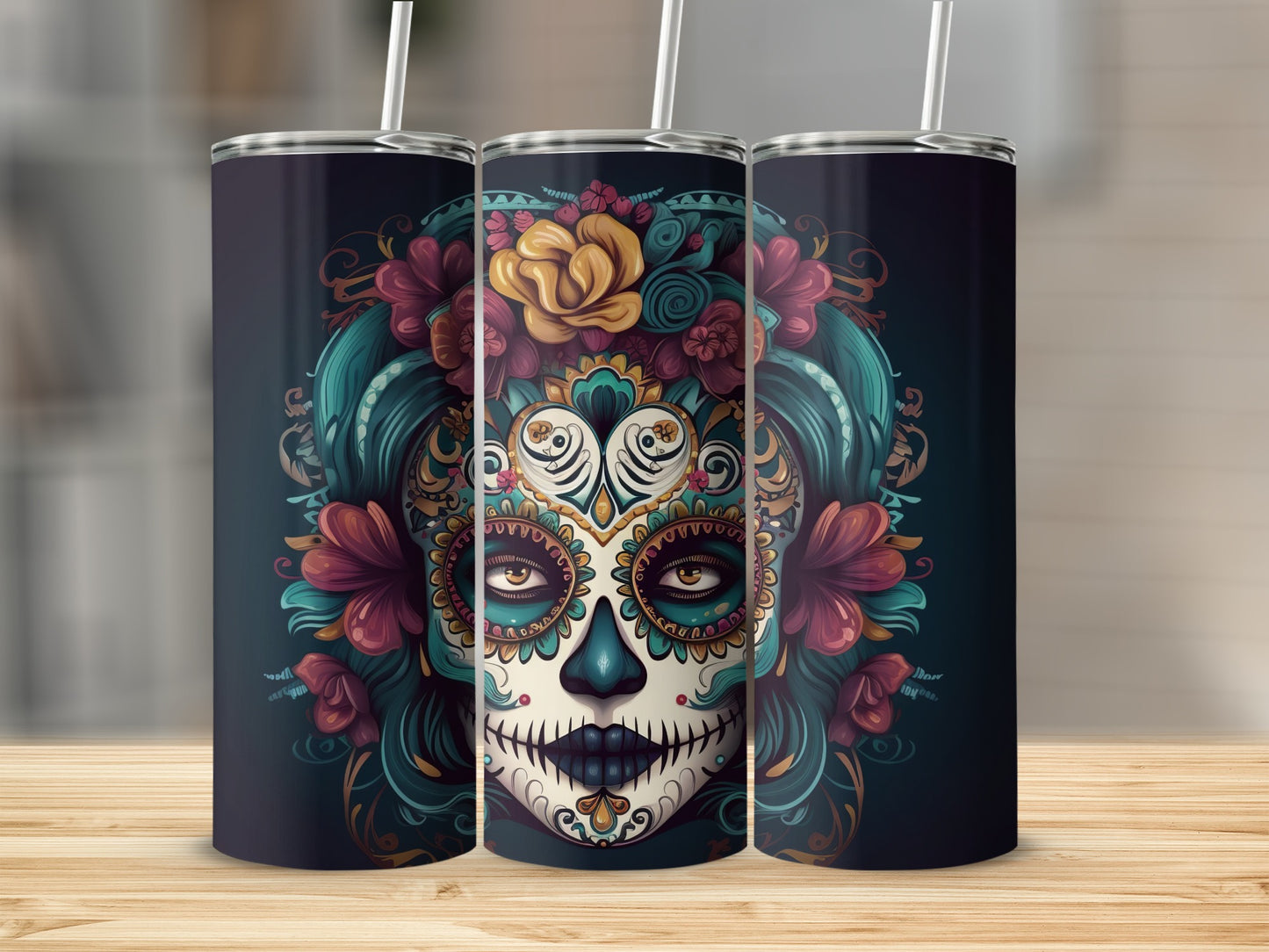 Colorful Sugar Skull with Floral Design Tumbler