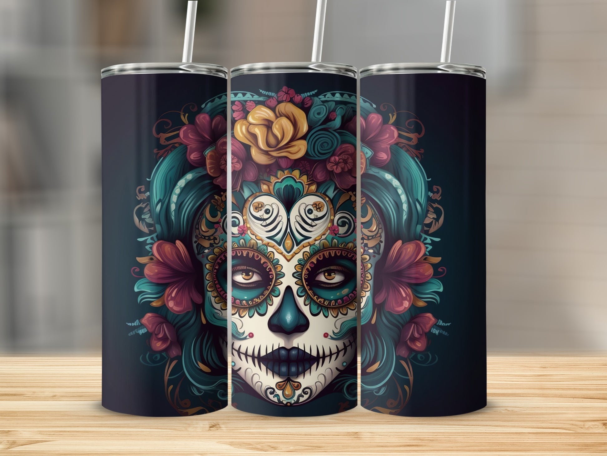 Colorful Sugar Skull with Floral Design Tumbler