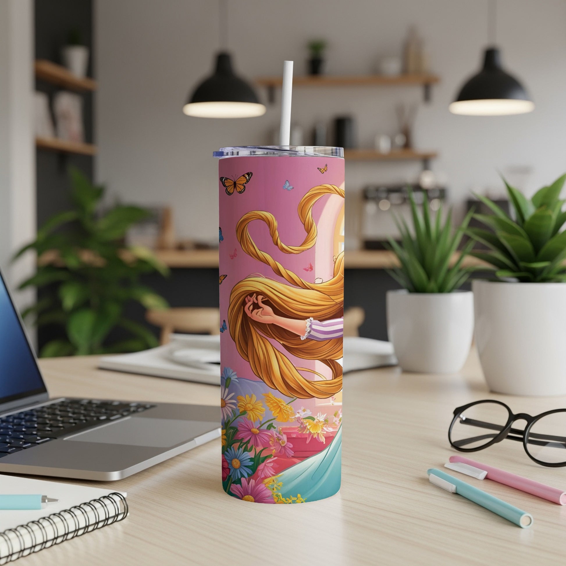 Rapunzel with long blonde hair and butterflies on a floral tumbler.