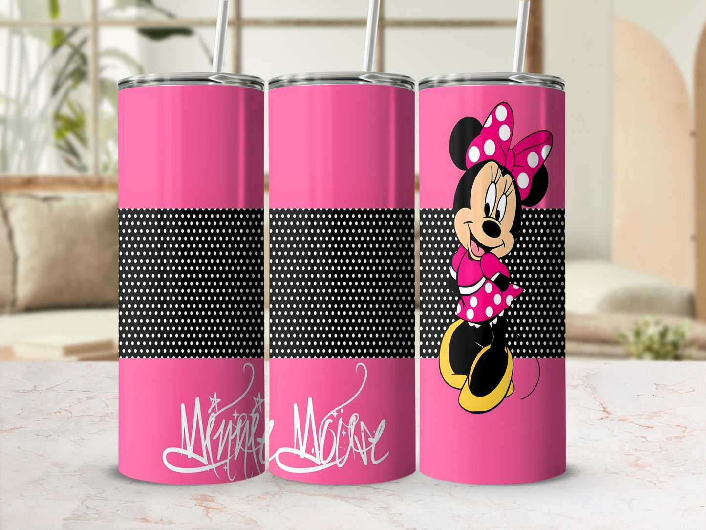 Pink tumbler with Minnie Mouse graphic and "Winnie Mouse" text.