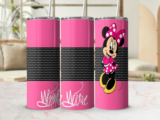 Pink tumbler with Minnie Mouse graphic and "Winnie Mouse" text.