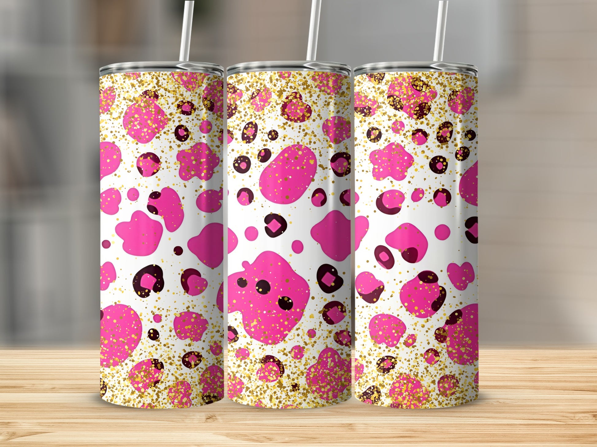 Pink and Gold Glitter Leopard Print Beverage Tumbler
