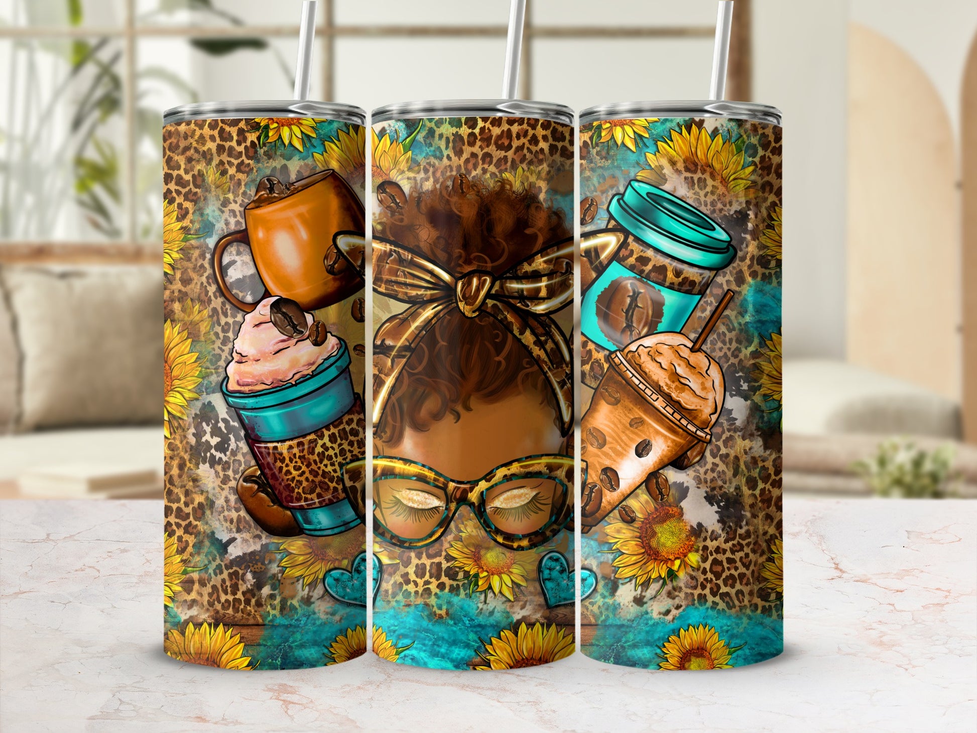 Tumbler with leopard print, sunflowers, coffee cup, and messy bun woman.