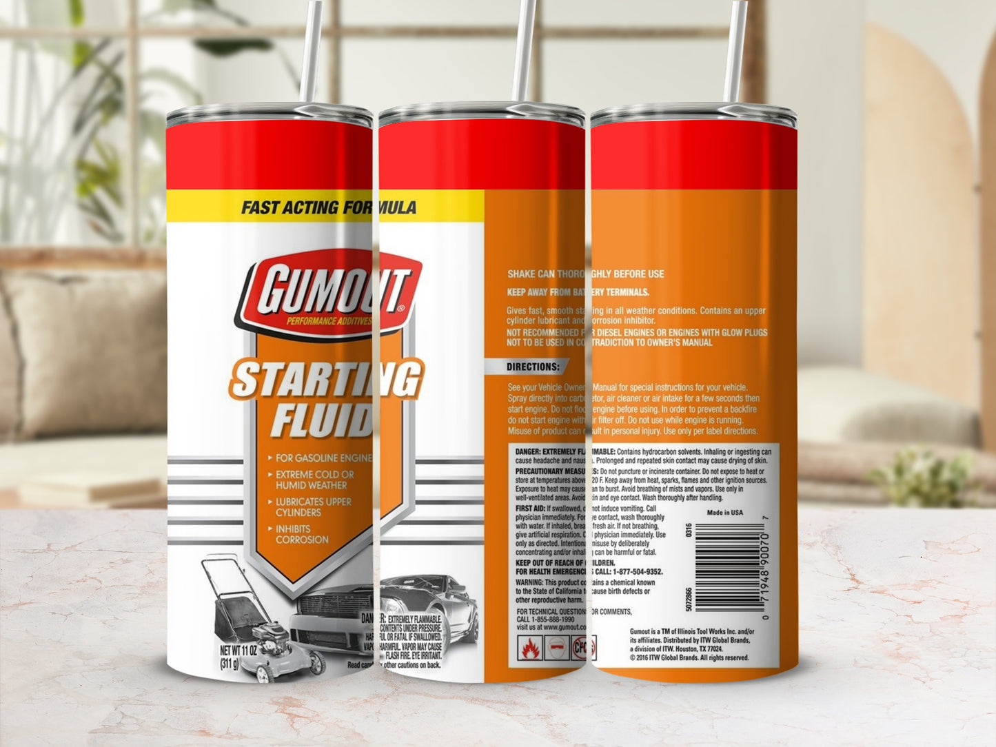 Gumout starting fluid can with instructions and warnings.