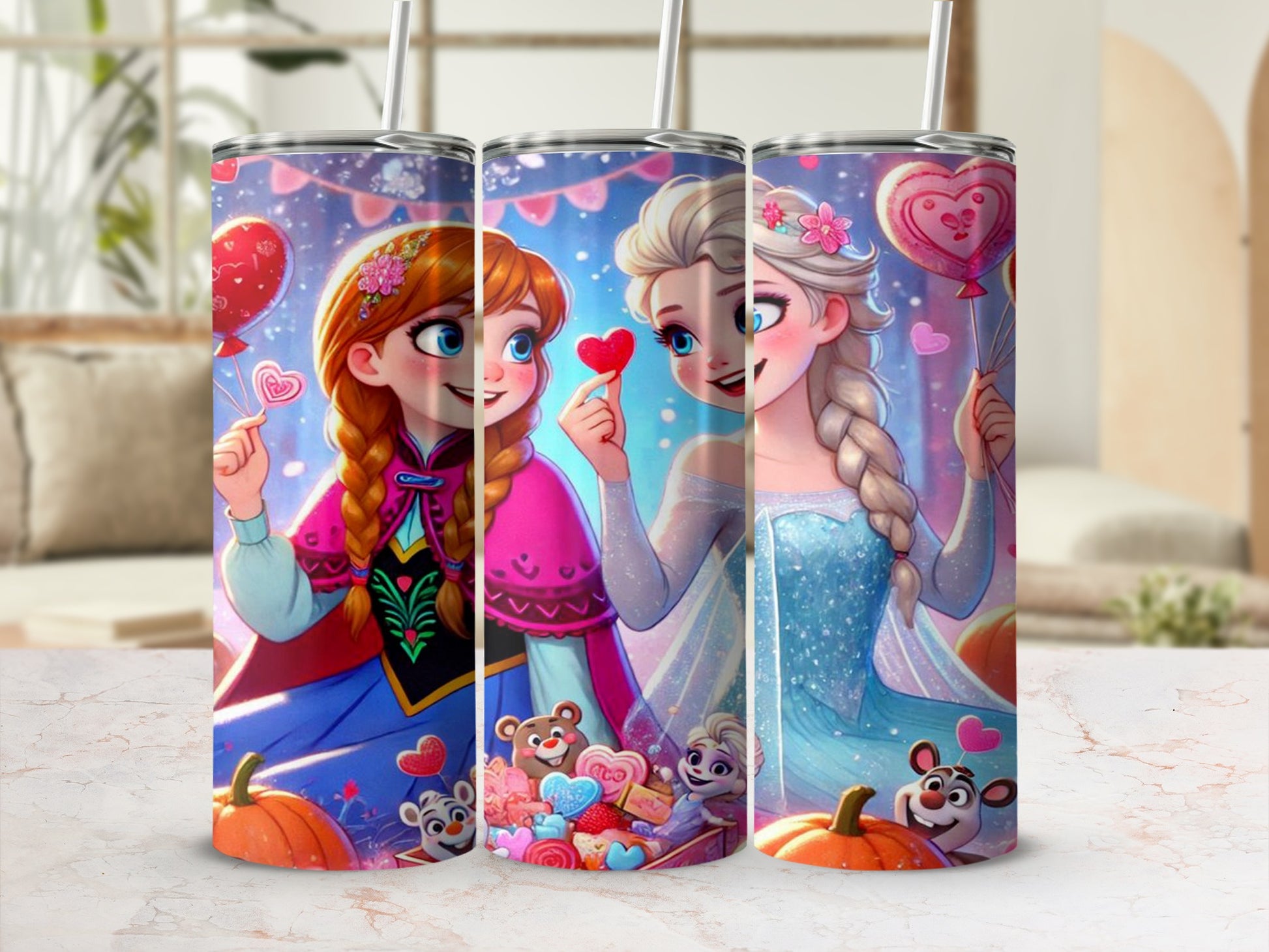 Frozen Princesses Themed Tumbler With Straw Cup