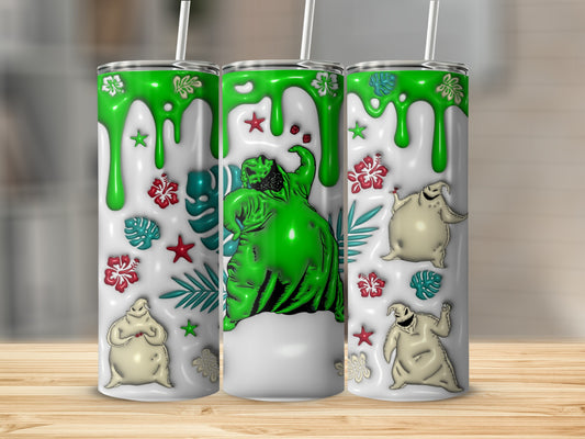 Oogie Boogie character with tropical leaves and stars on a white tumbler.