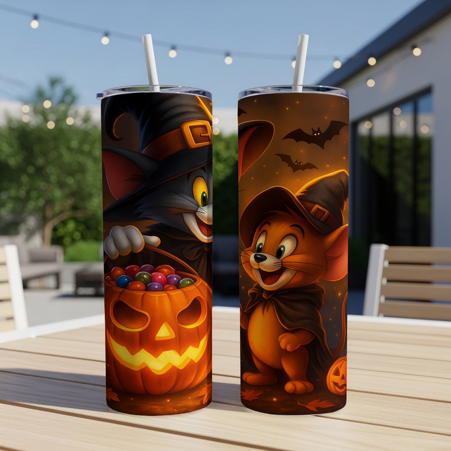 Two tumblers with Halloween designs featuring Tom and Jerry in witch hats.