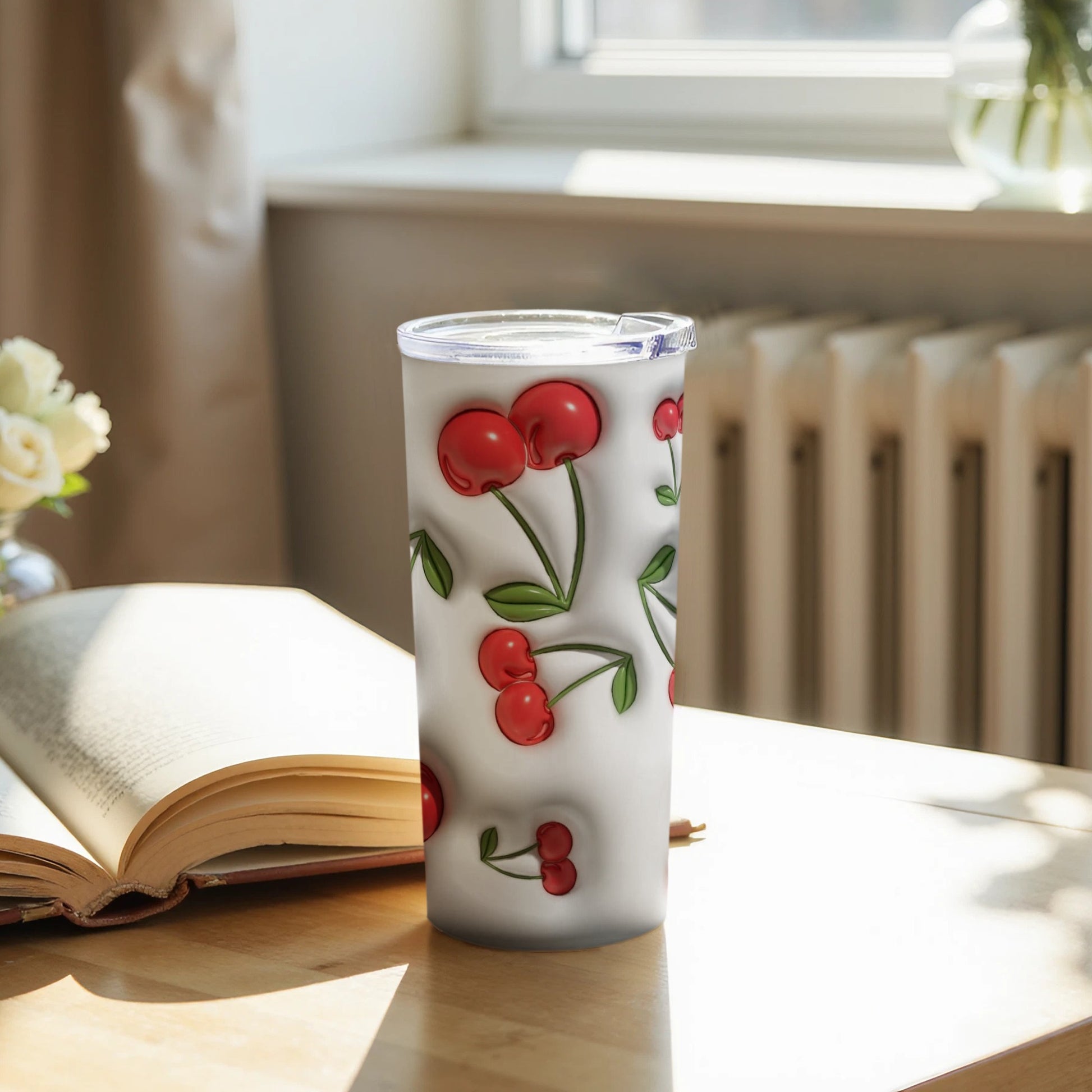 Cute Cherry Pattern Insulated Tumbler for Hot and Cold Drinks