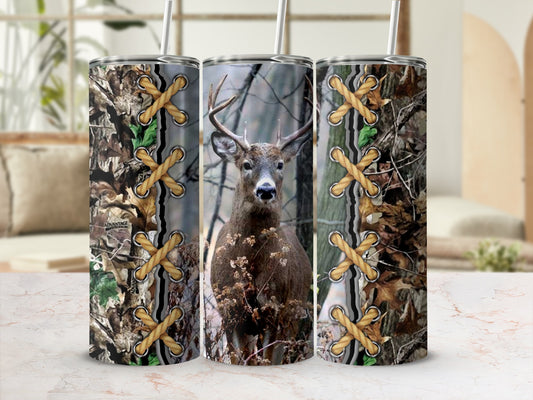 Camouflage tumbler with buck in forest and rope lacing detail.