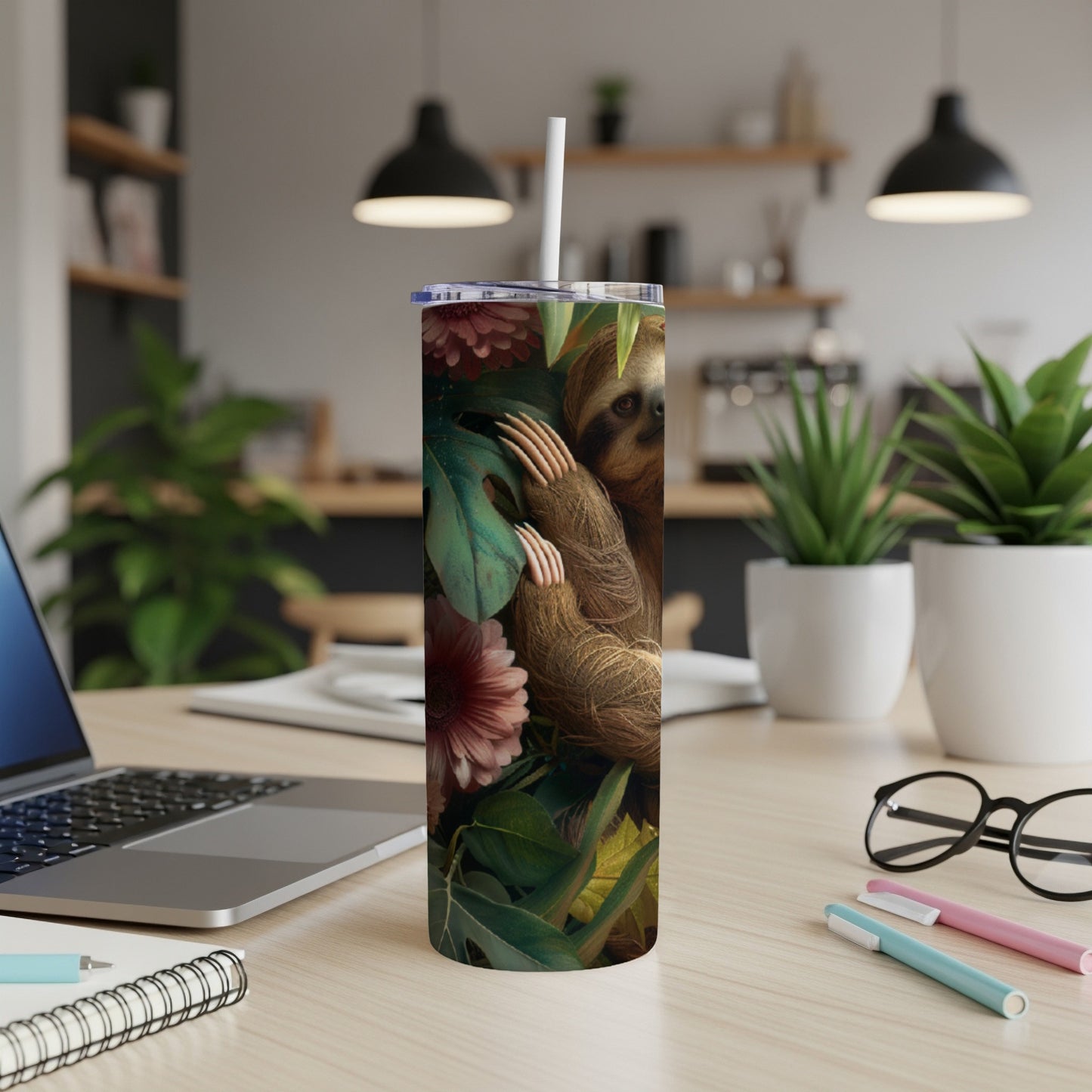 Tall tumbler with sloth and floral design, on a desk with laptop.