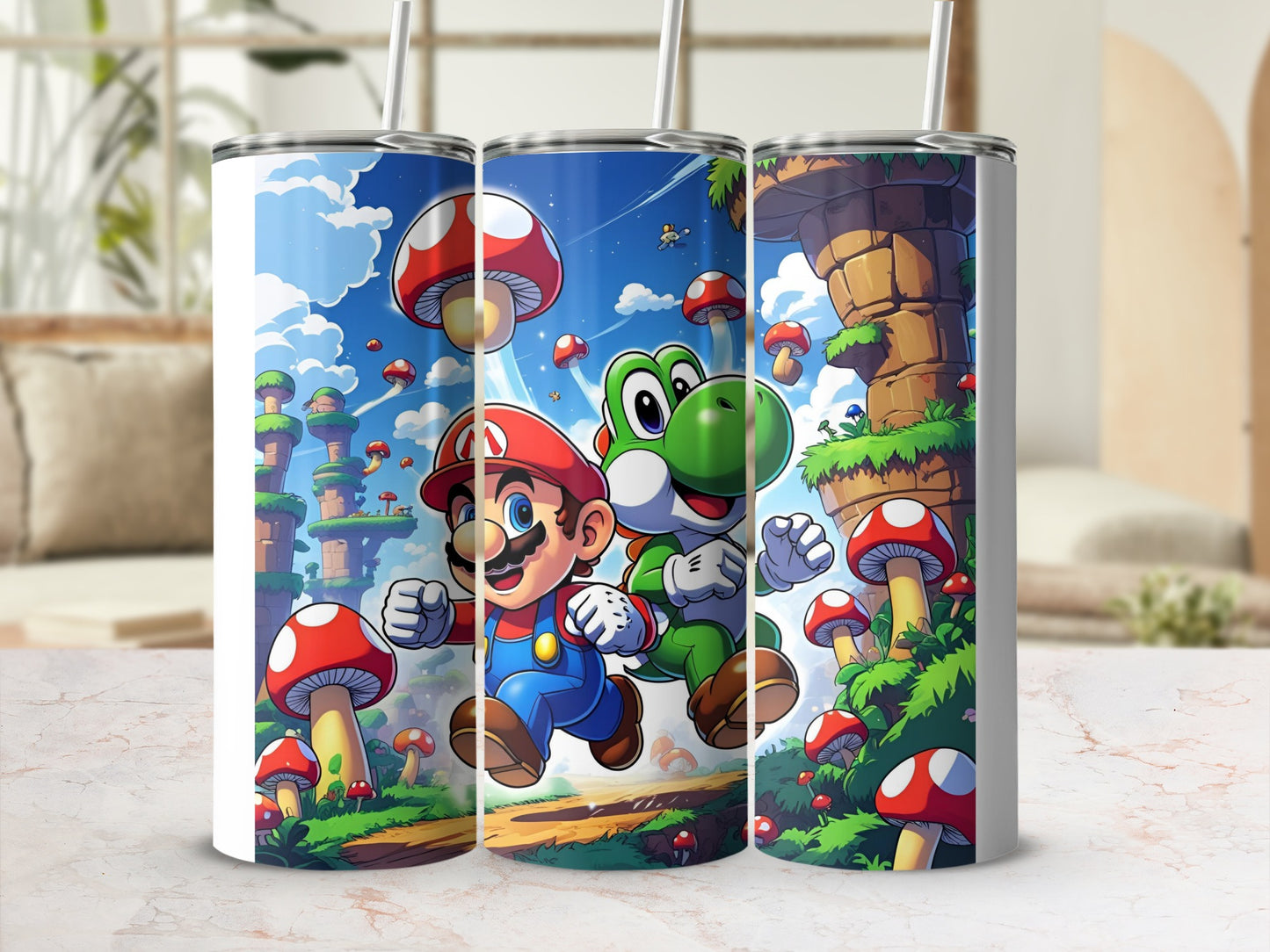 Mario and Yoshi running through a Mushroom Kingdom landscape.