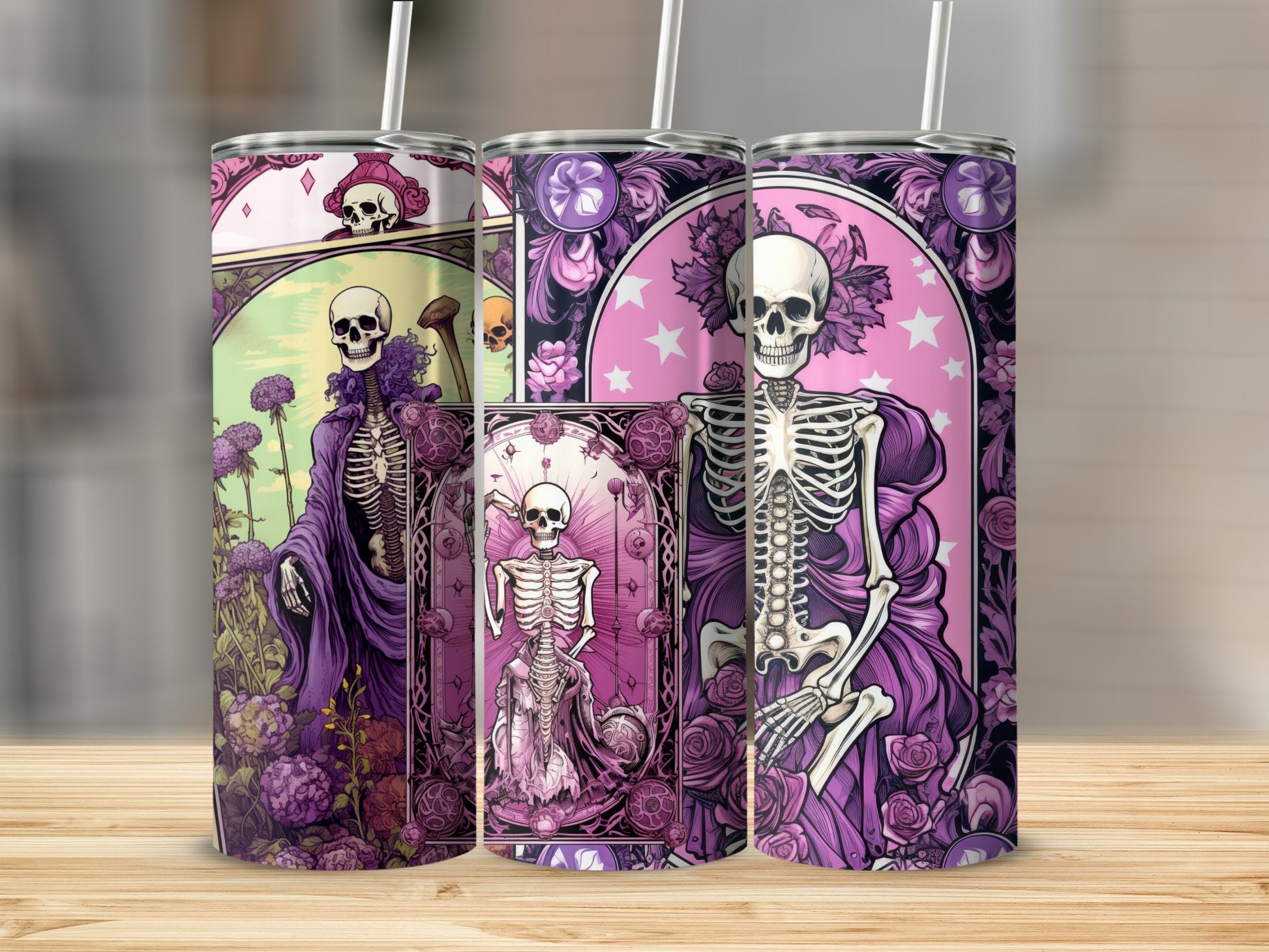 Gothic Skeleton and Flowers Design Tumbler