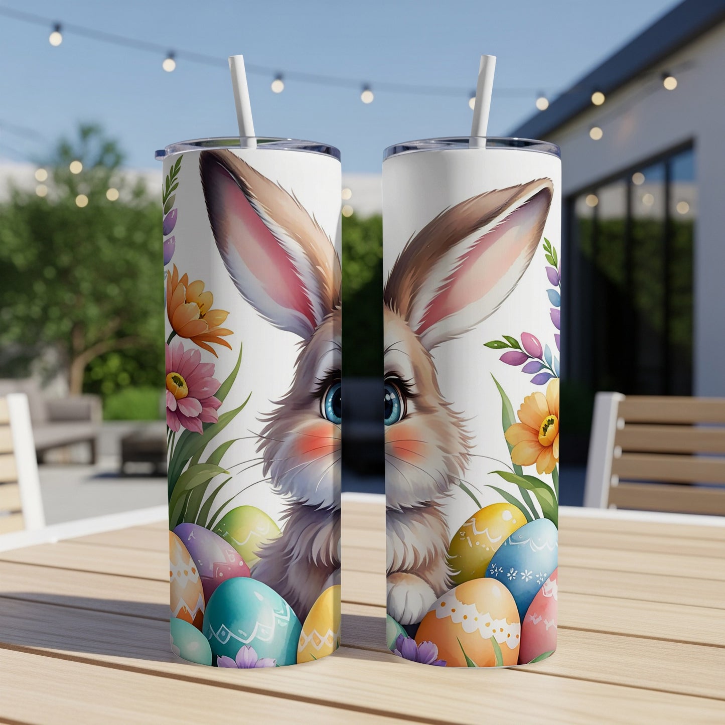 Easter bunny with colorful decorated eggs and flowers on a tumbler.