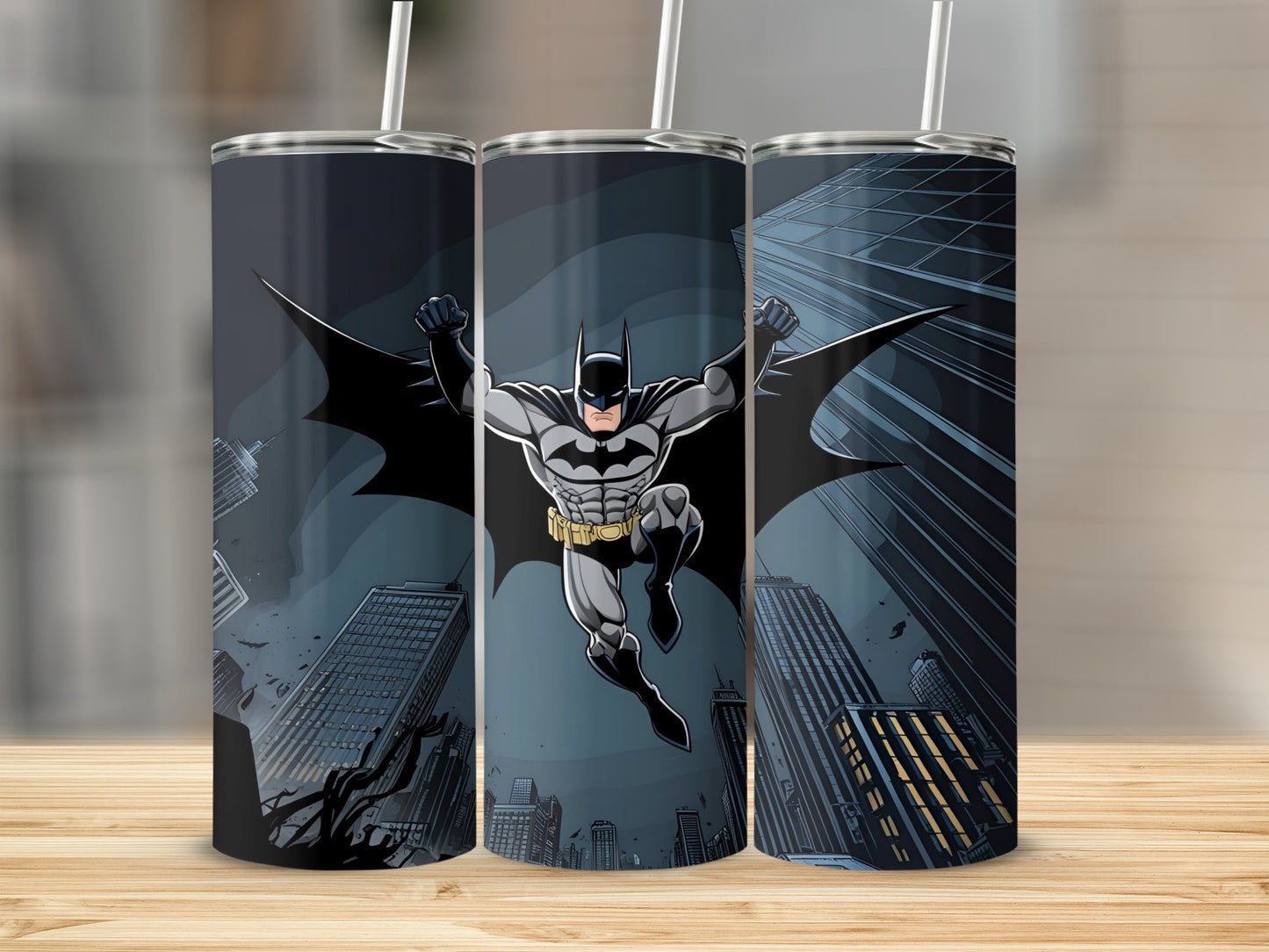 Batman flying in a city at night, comic art style, on a tumbler.
