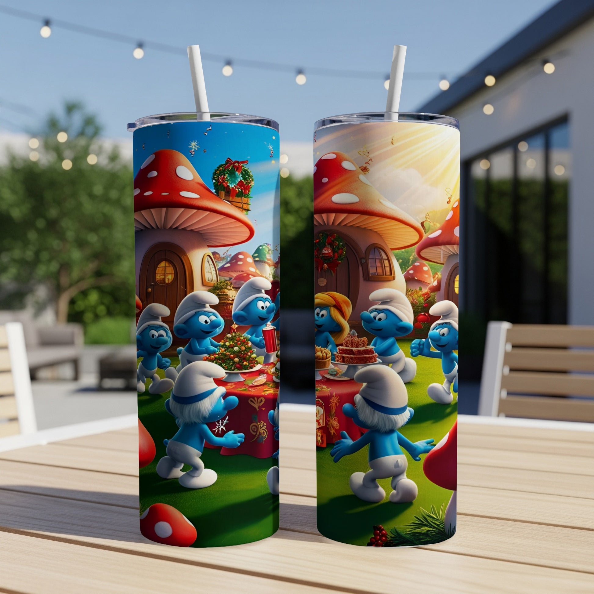 Two Smurfs holiday tumblers on a table with mushroom houses and a festive scene.