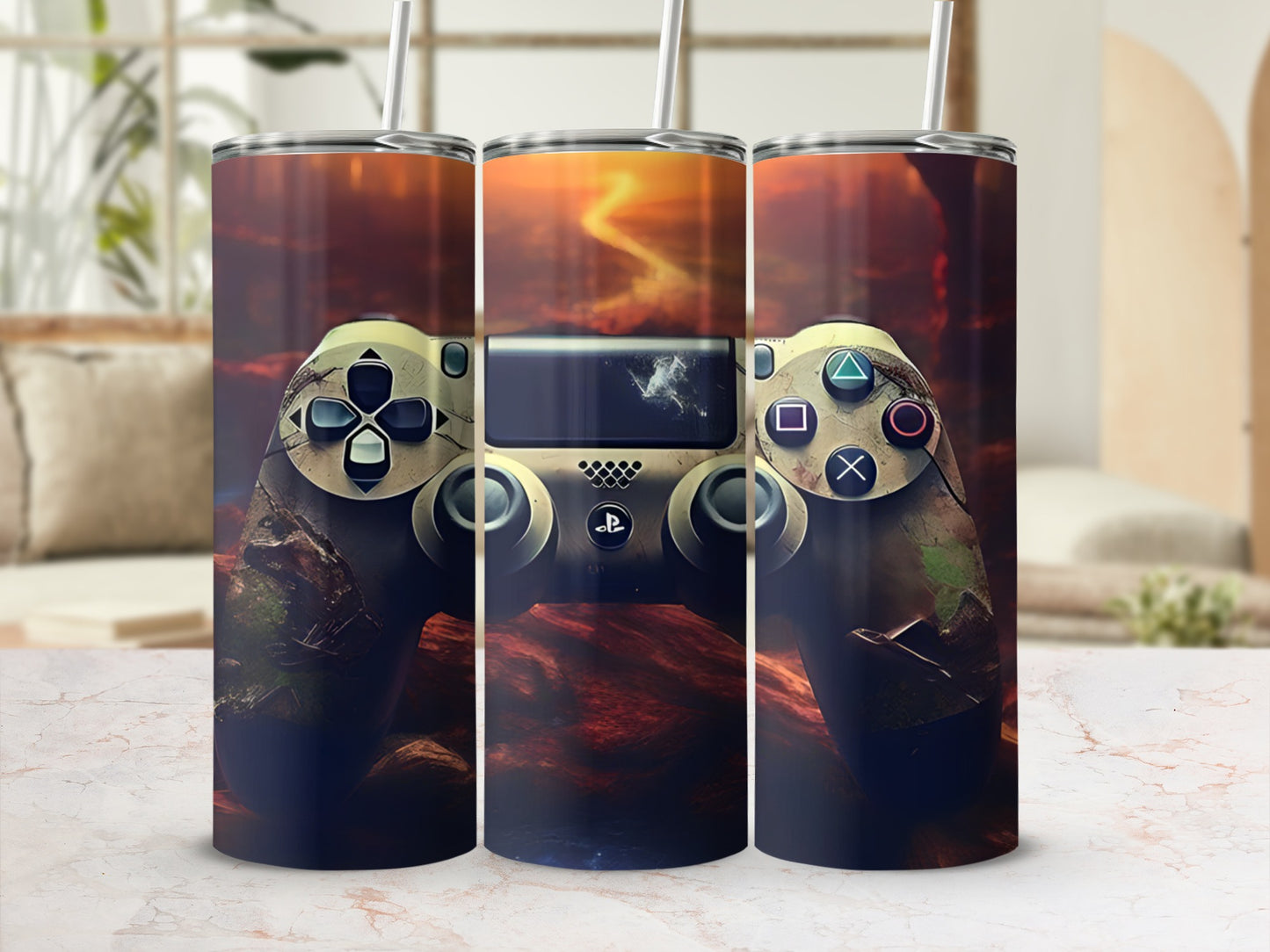 Gaming controller with fire and smoke design on a skinny tumbler.