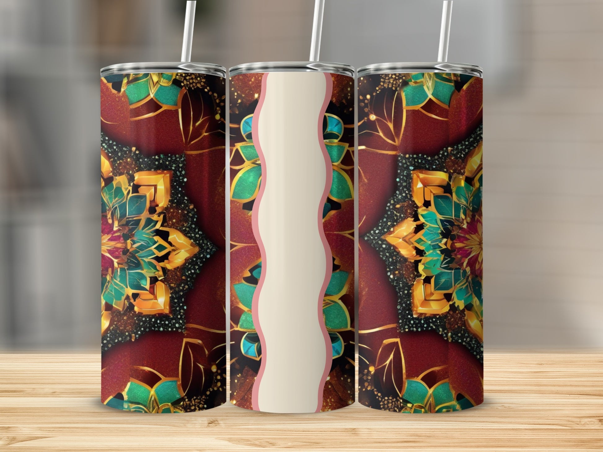 Three tumblers with intricate floral mandala patterns in red, gold, and teal.