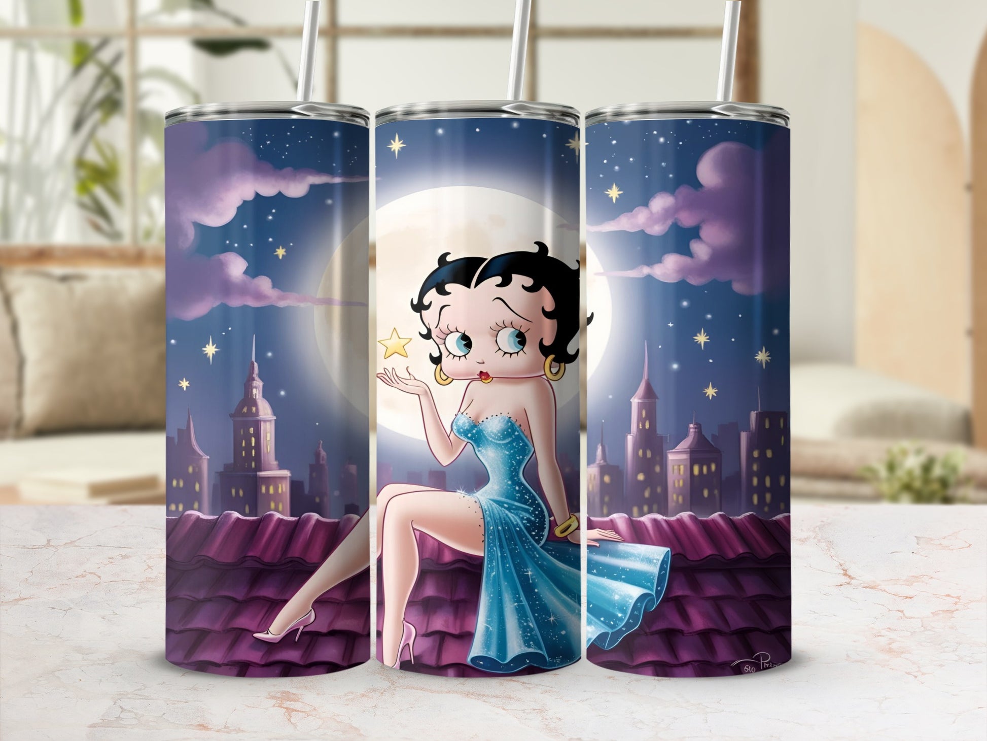 Betty Boop sits on a rooftop under a starry night sky.
