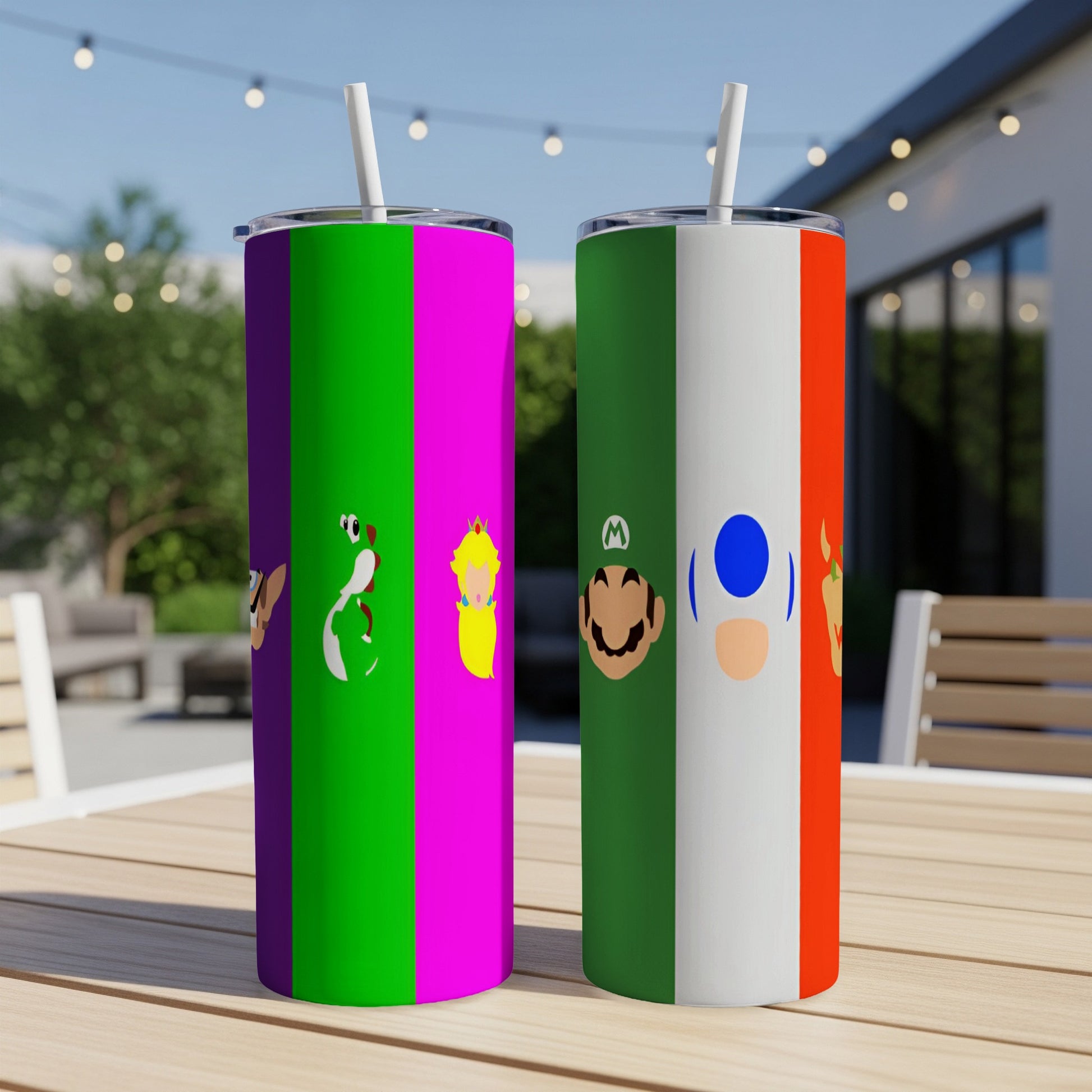 Two Mario-themed tumblers on a table with characters and Italian flag colors.