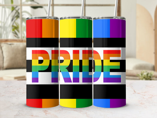 Three tumblers with rainbow pride flag stripes and "Pride" text.