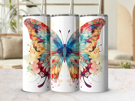 Three white tumblers with colorful watercolor butterfly designs.