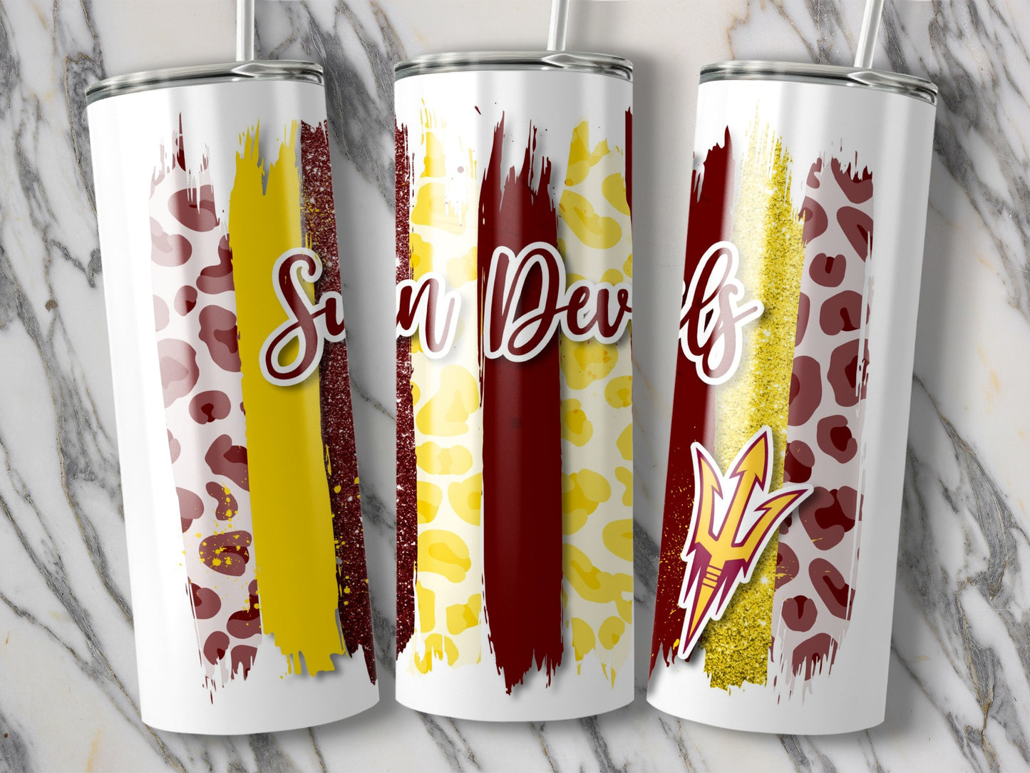 Sun Devils Brush Strokes ASU Logo Gold Glitter Tumblers