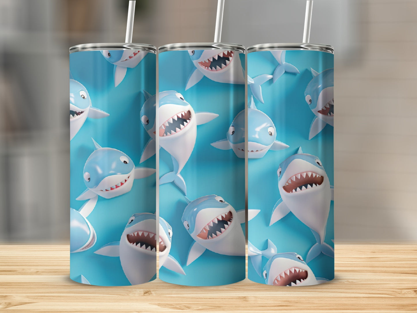 Three cartoon sharks with open mouths and straws on a blue background.