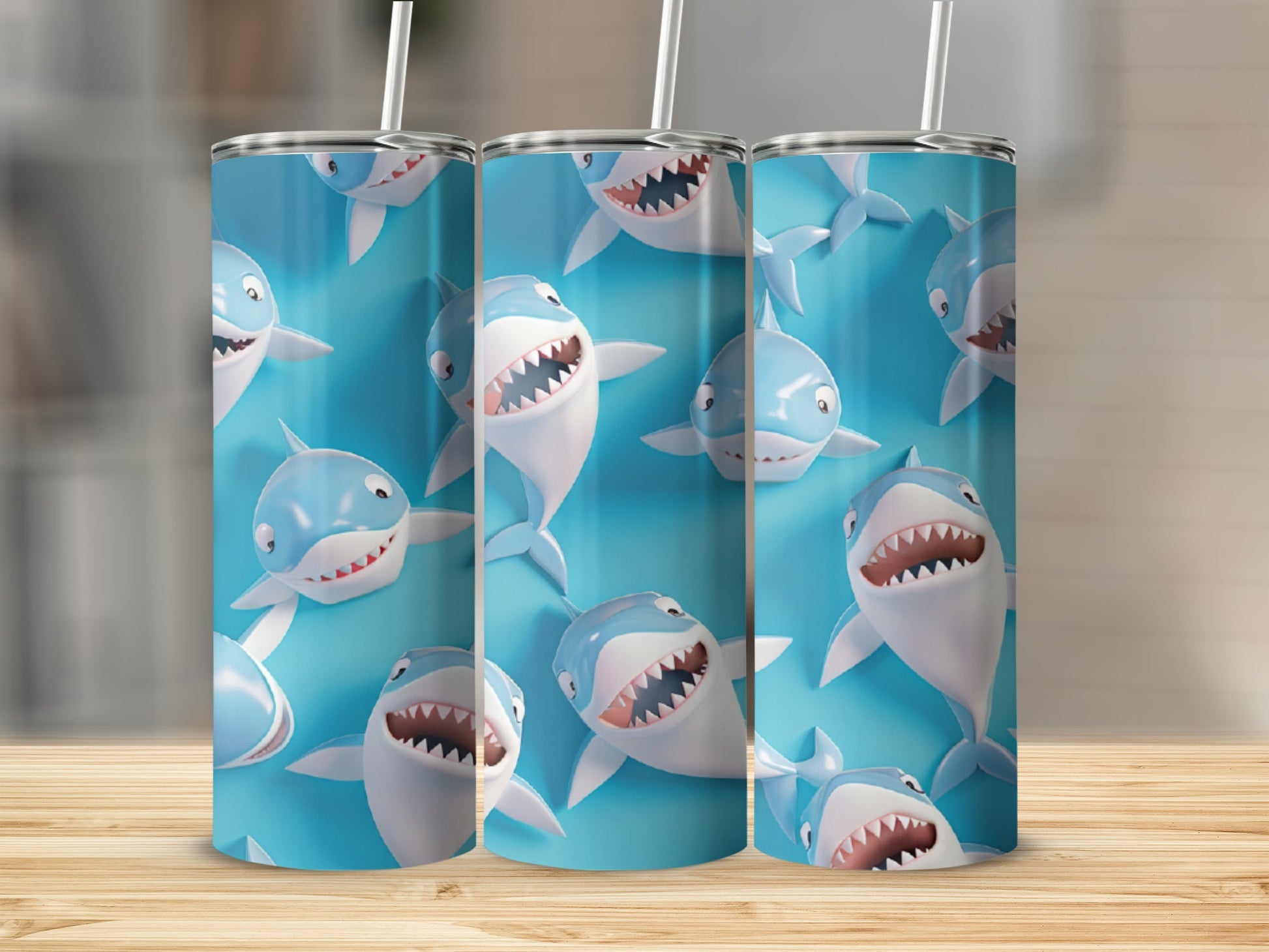 Three cartoon sharks with open mouths and straws on a blue background.